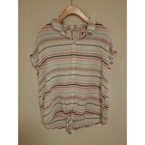 Weatherproof Vintage Striped Linen Blend Button-Up Shirt with Tie Front Size M